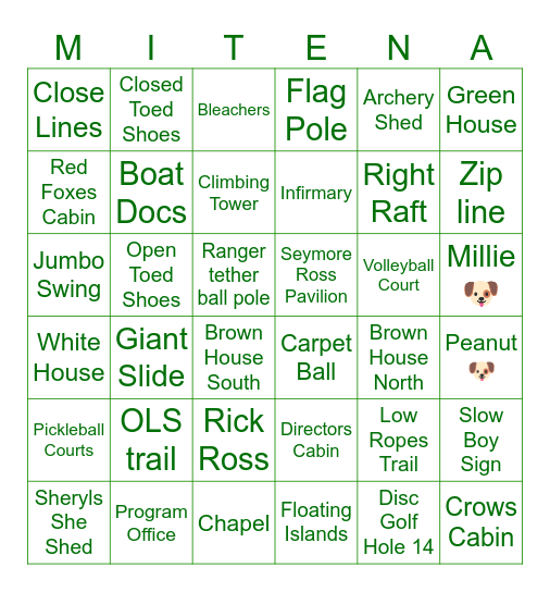 Camp Tour Bingo Card