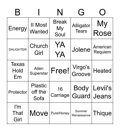 nEW beyonce Bingo Card