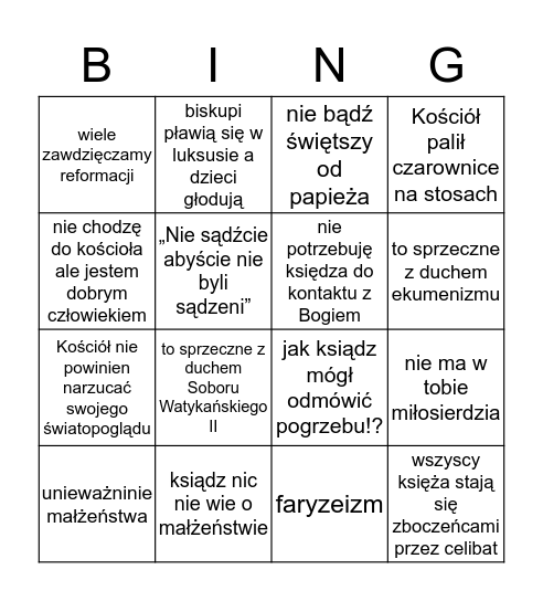 BINGO LETNIEGO KATOLIKA :)))) Bingo Card