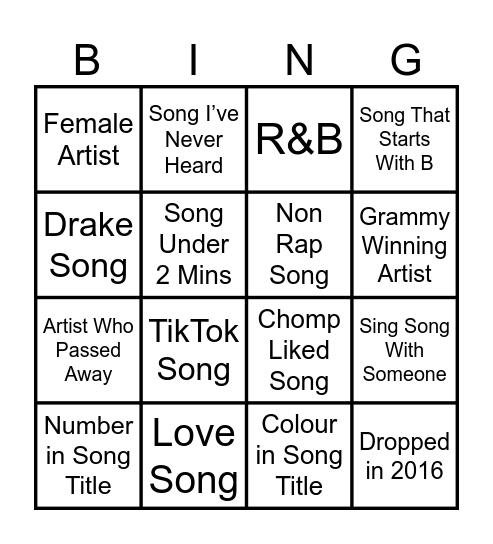 Spotify Bingo IRL Bingo Card