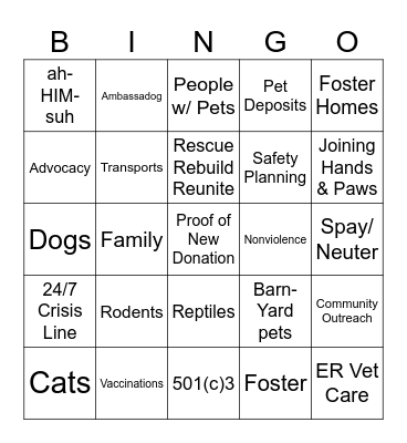 Ahimsa House Bingo Card