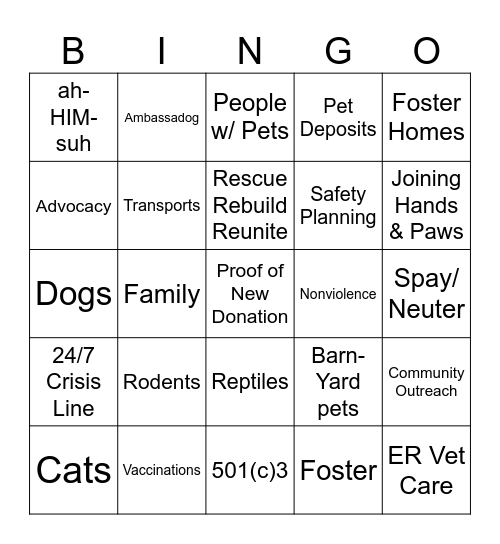 Ahimsa House Bingo Card
