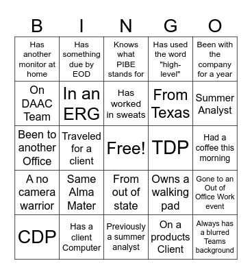 Analyst Networking Bingo Card
