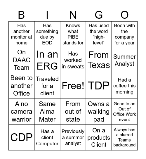 Analyst Networking Bingo Card