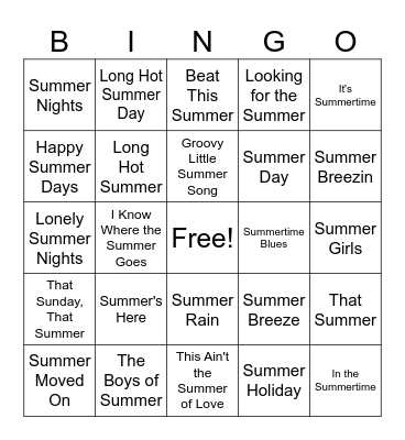 Songs of Summer Bingo Card