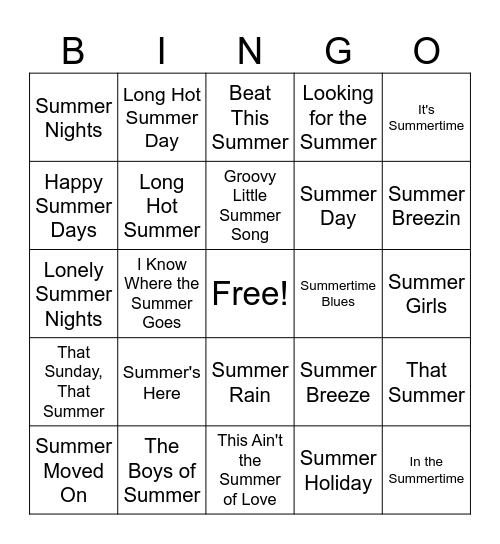 Songs of Summer Bingo Card