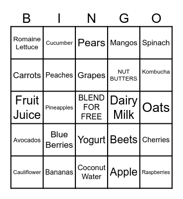 Fruit and Vegetable Smoothie Bingo Card