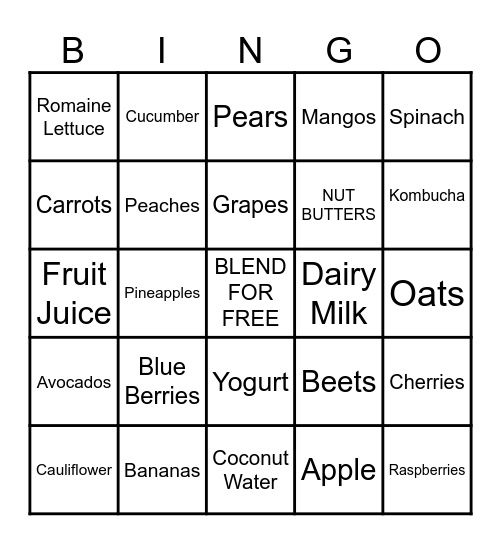 Fruit and Vegetable Smoothie Bingo Card
