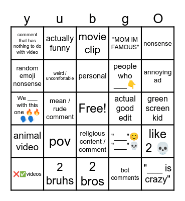 youtube bingo Card