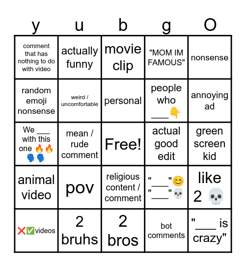 youtube bingo Card