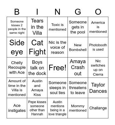 Love Island 2 Bingo Card
