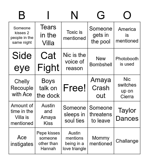 Love Island 2 Bingo Card