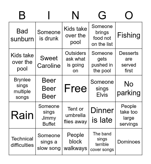 Reunion Bingo Card