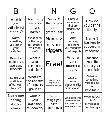 Recovery Bingo! Bingo Card
