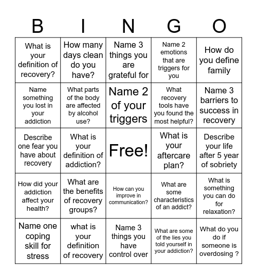 Recovery Bingo! Bingo Card