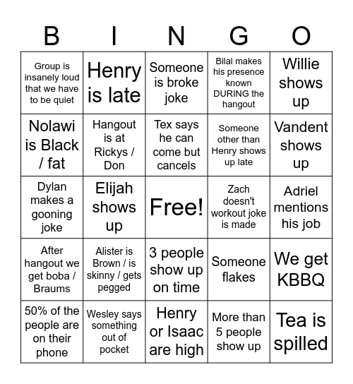 Hangout BINGO Card