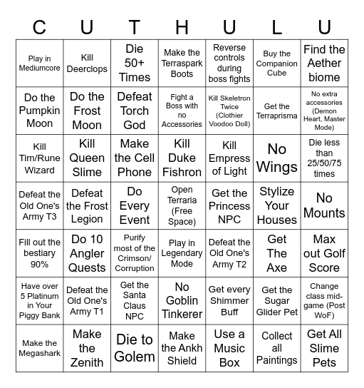 Terraria Challenge Bingo Card