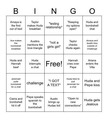 Love Island Ep. 16 Bingo Card