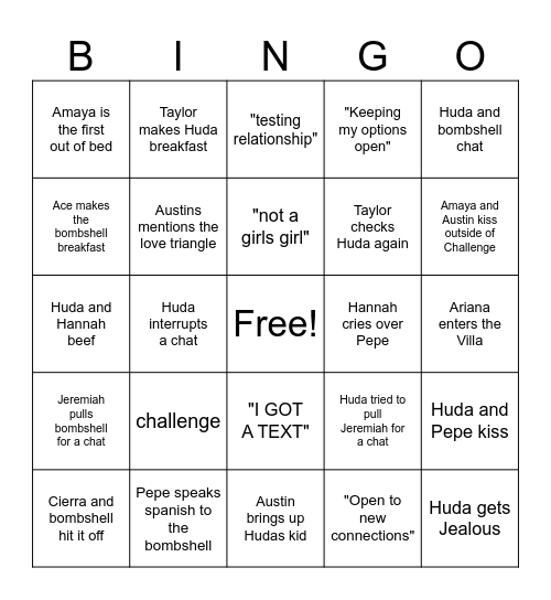 Love Island Ep. 16 Bingo Card