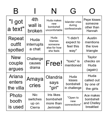 Love Island Ep 15 Bingo Card