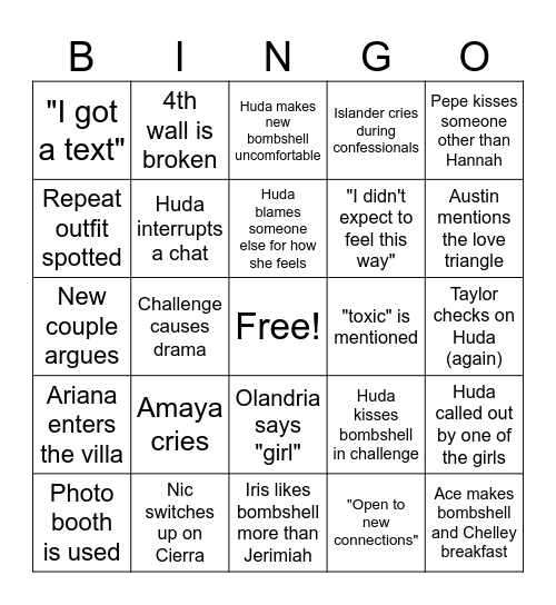 Love Island Ep 15 Bingo Card