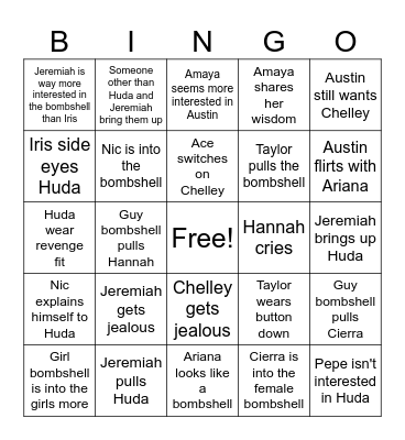 Love Island S7 EP16 Bingo Card