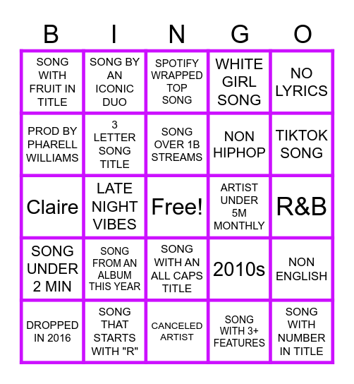 spotify bingo Card