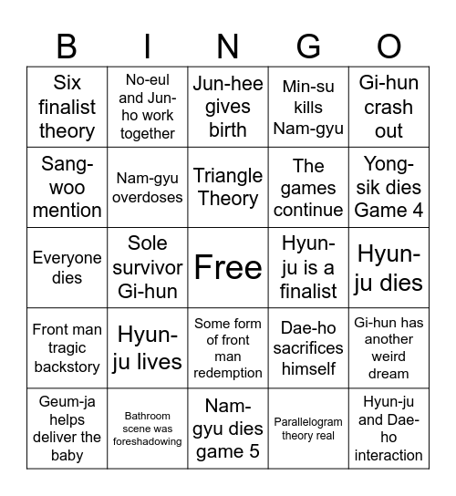 Squid Game Season 3 Bingo Card