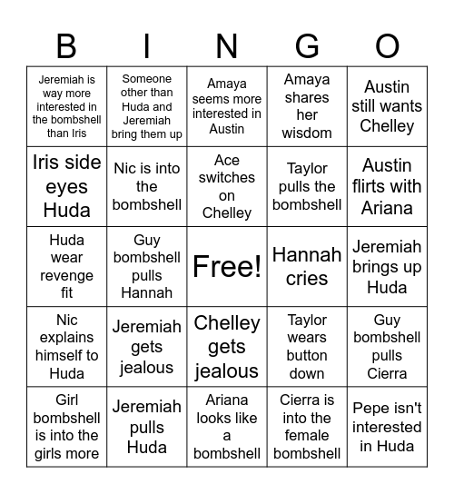 Love Island S7 EP16 Bingo Card