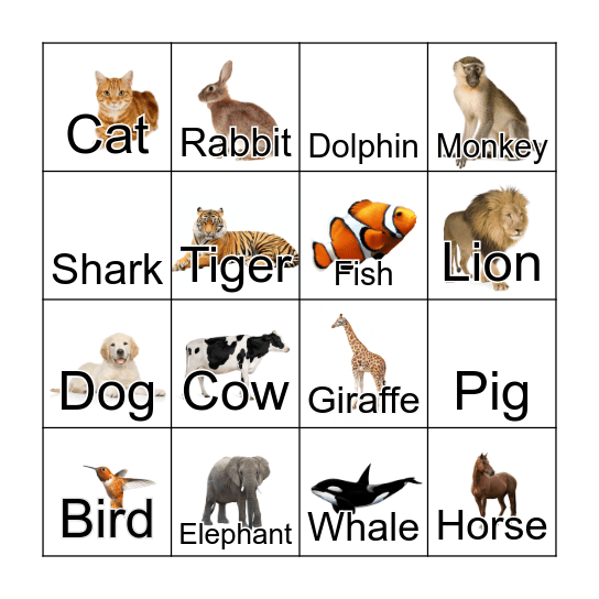 Corey's Animal Bingo Card