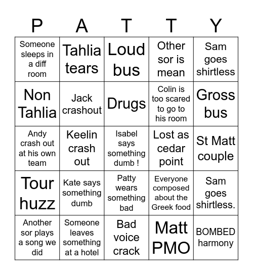 PATTY Bingo Card