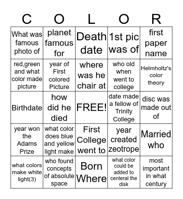 James Clerk Maxwell's Color Bio. Bingo Card