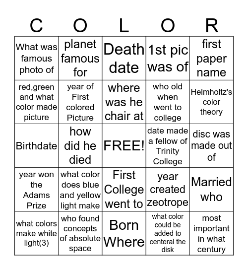 James Clerk Maxwell's Color Bio. Bingo Card