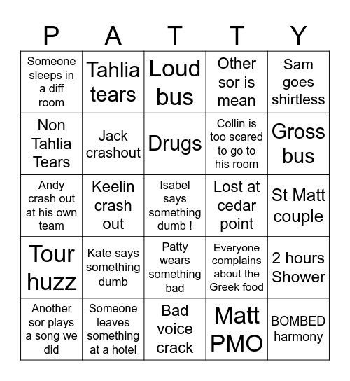PATTY Bingo Card