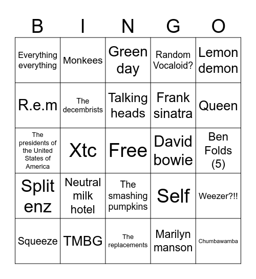 Sigma board of my random music Bingo Card