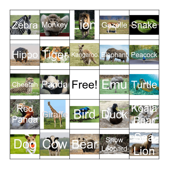 Animal Bingo Card