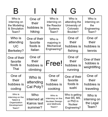 Intern Bingo Card