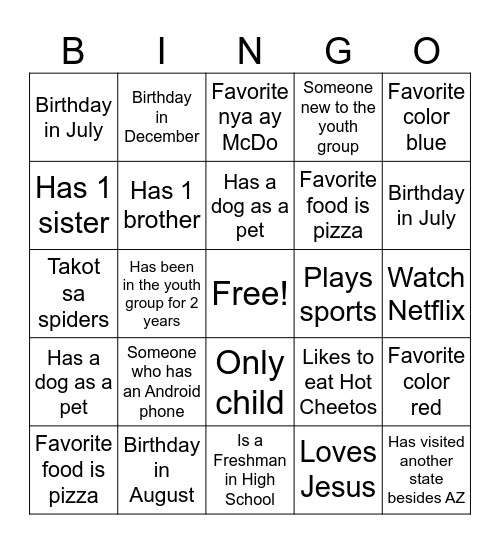 Youth Group Bingo Card