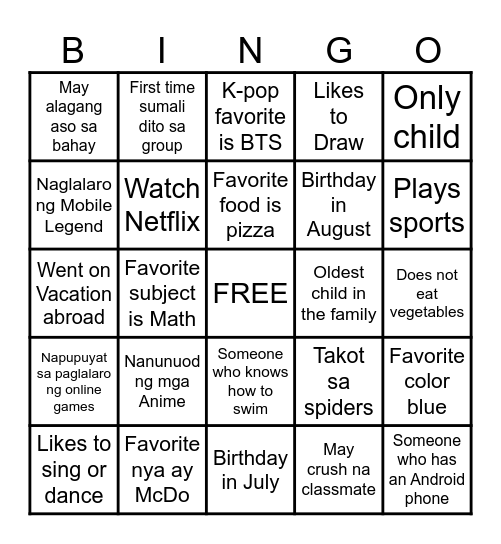 Youth Group Bingo Card