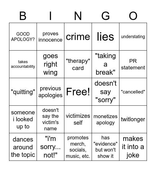 Apology Bingo Card