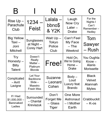 Canadian Music Bingo Card