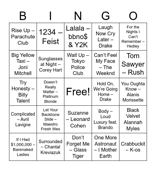 Canadian Music Bingo Card