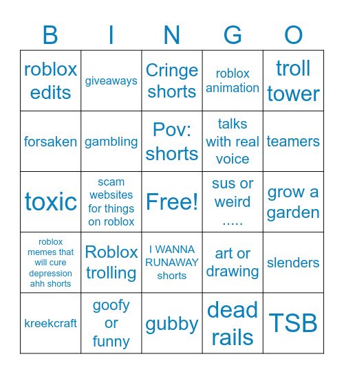 roblox YouTube shorts or tiktok Bingo Card