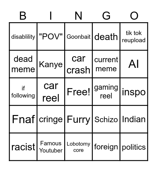 Instagram reel bingo Card