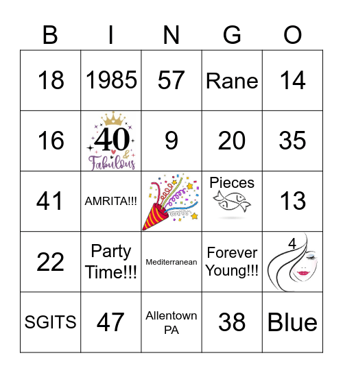 Amrita's 40th Birthday!!! Bingo Card