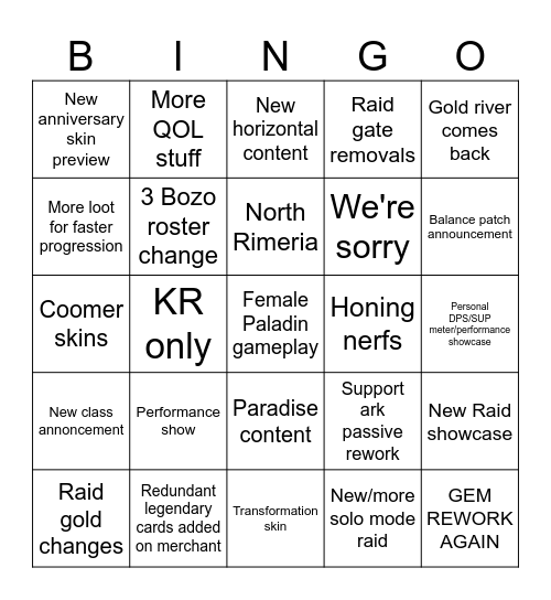 Summer LOA Bingo Card