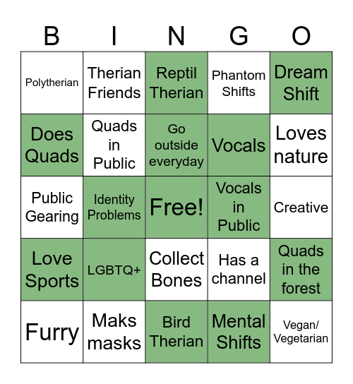 Therian Bingo Card