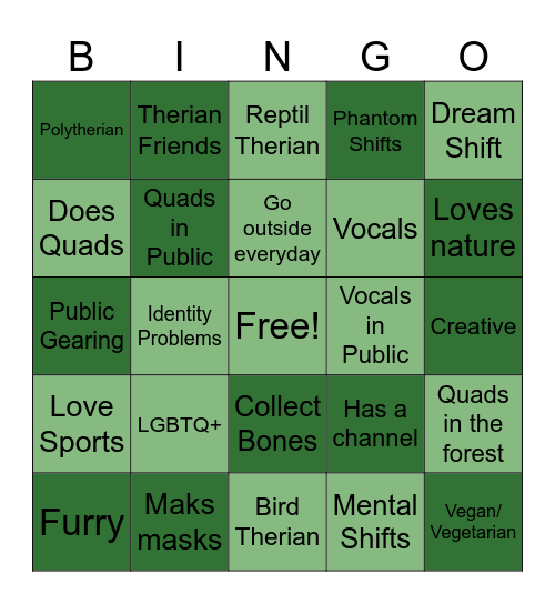 Therian Bingo Card