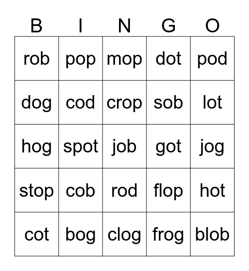 Short Sound 'o' Bingo Card