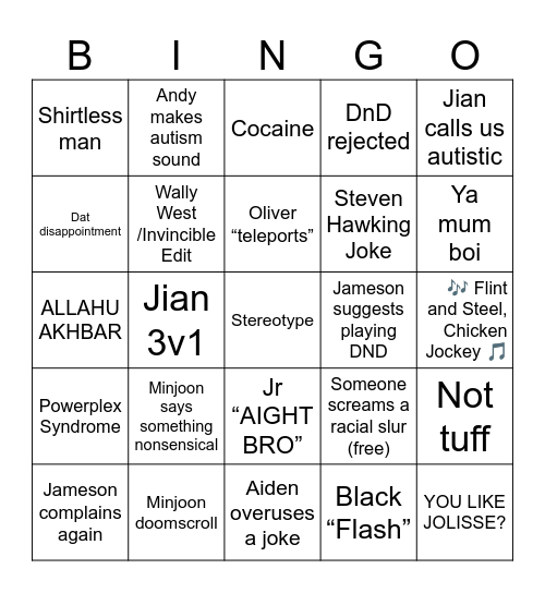 Friend Group Bingo Card